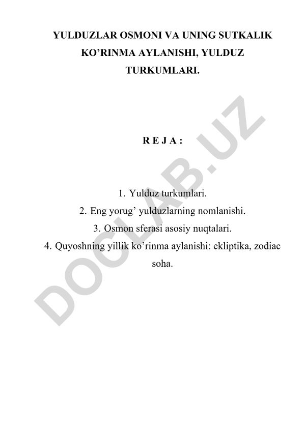 Yulduzlar osmoni va uning sutkalik ko'rinma aylanishi, yulduz turkumlari