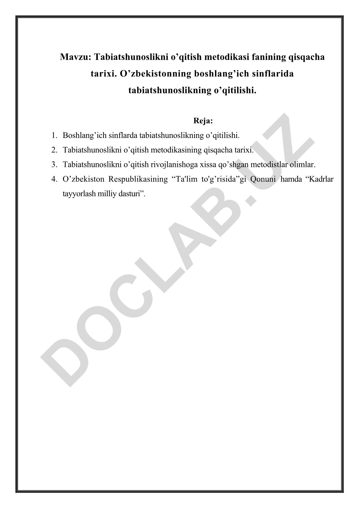 Tabiatshunoslikni o’qitish metodikasi fanining qisqacha tarixi va boshlang’ich sinflarda o’qitilishi