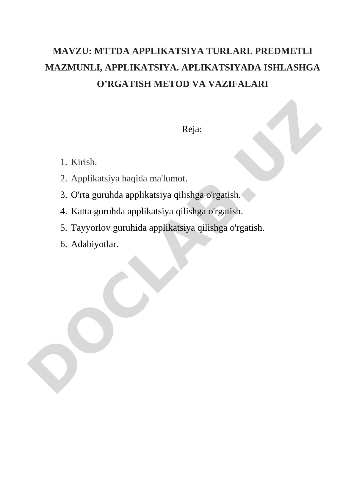 MTTda applikatsiya turlari. Predmetli mazmunli applikatsiya. Applikatsiyada ishlashga o'rgatish metod va vazifalari