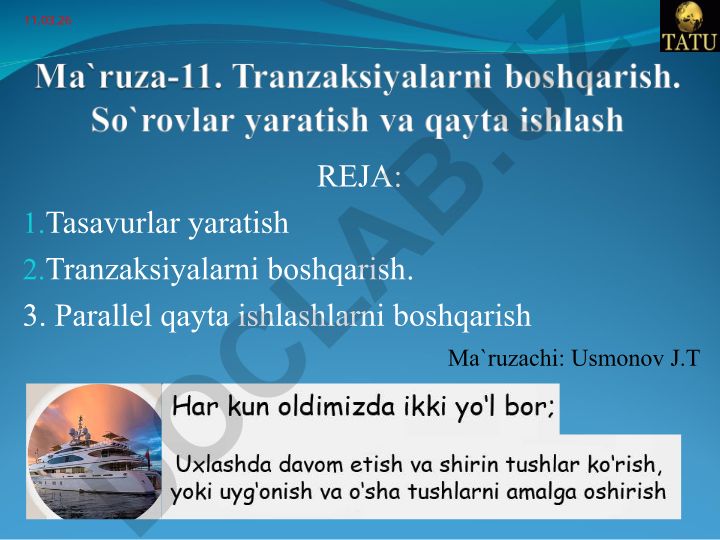 Ma'lumotlar bazasida tasavvurlar yaratish va tranzaksiyalarni boshqarish