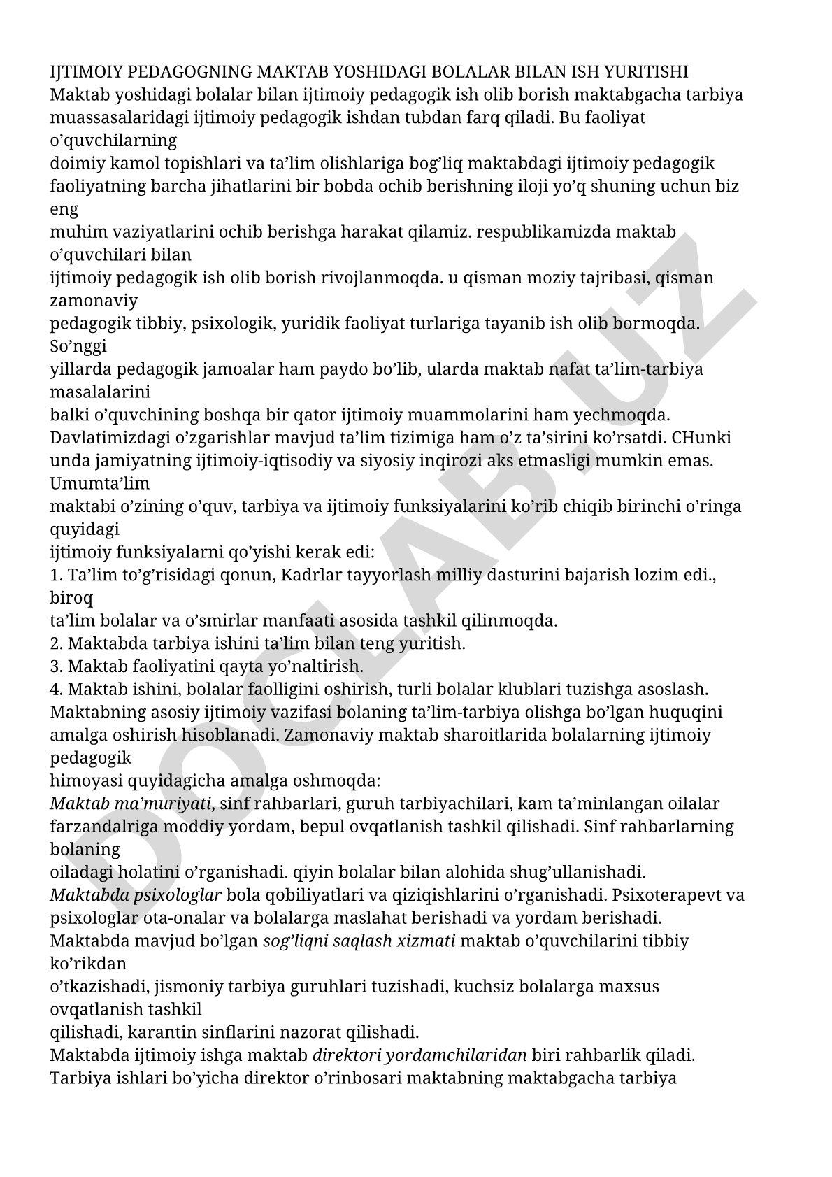 Ijtimoiy pedagogning maktab yoshidagi bolalar bilan ish yuritishi