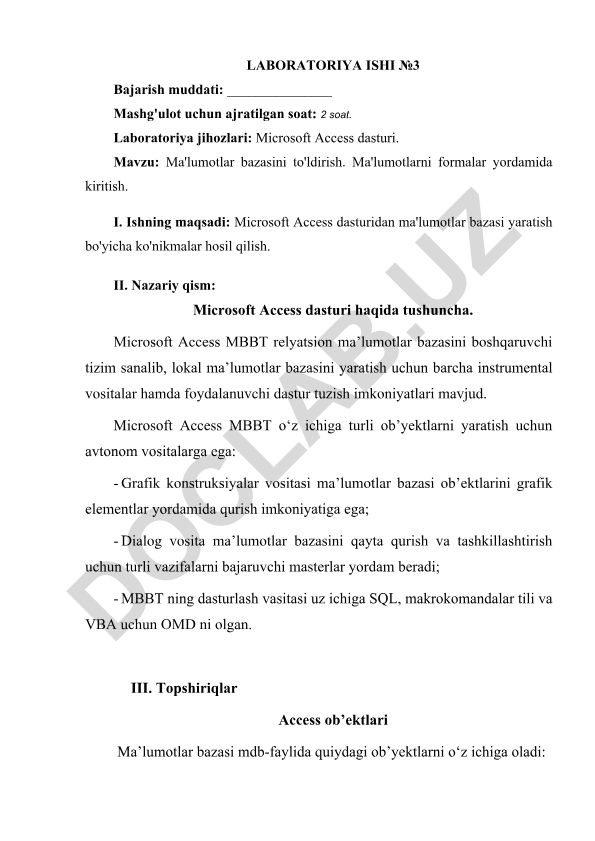 Ma'lumotlar bazasini to'ldirish va formalar yordamida kiritish
