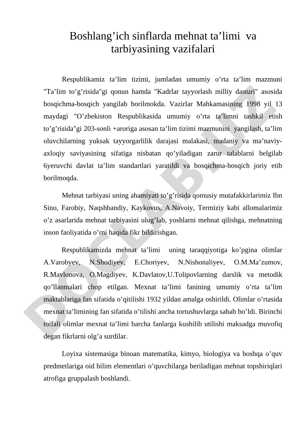 Boshlang'ich sinflarda mehnat ta'limi va tarbiyasining vazifalari