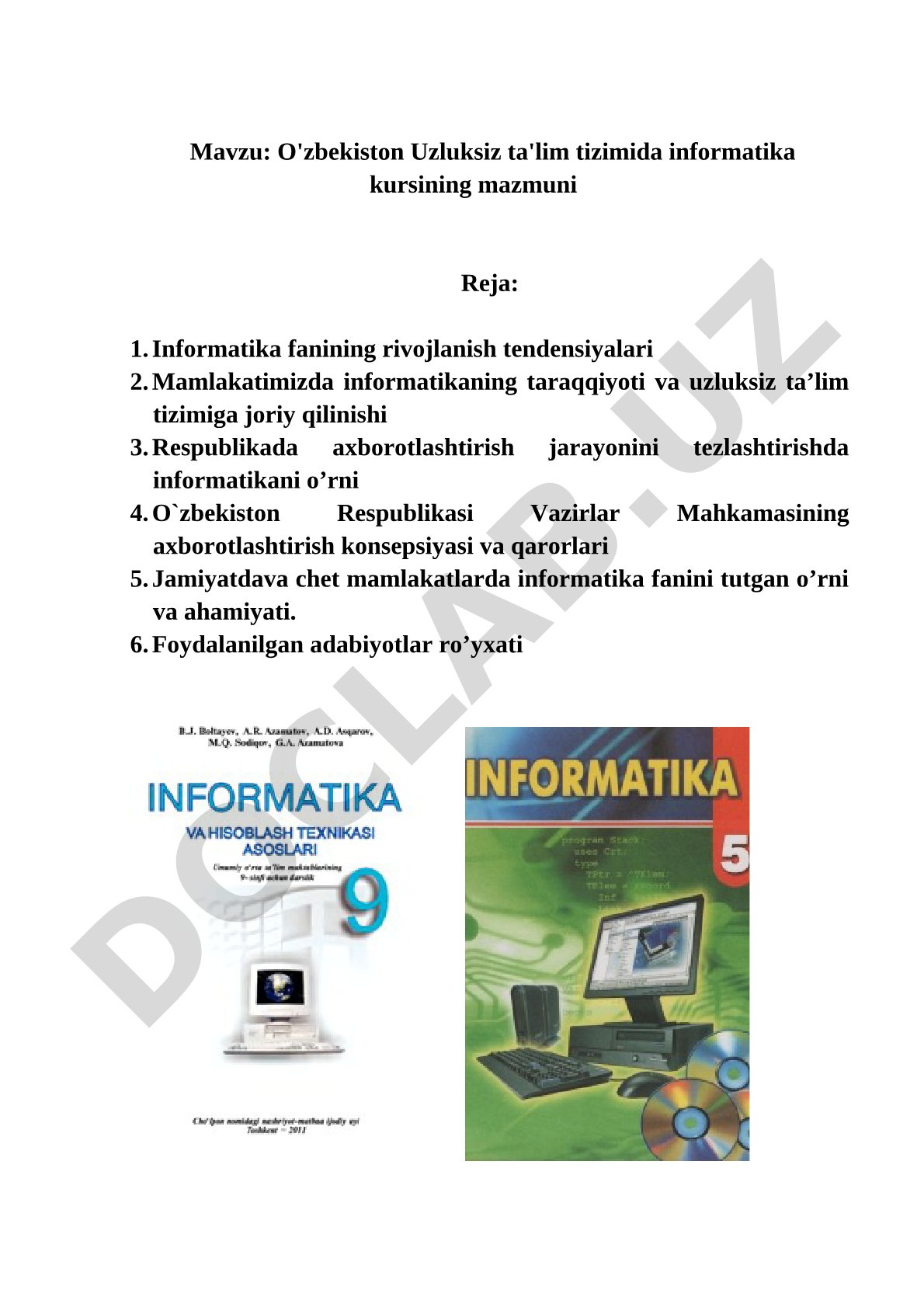 O'zbekiston Uzluksiz ta'lim tizimida informatika kursining mazmuni