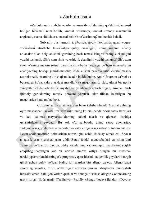 Gulxaniyning Zarbulmasal asari va uning ijtimoiy mazmuni