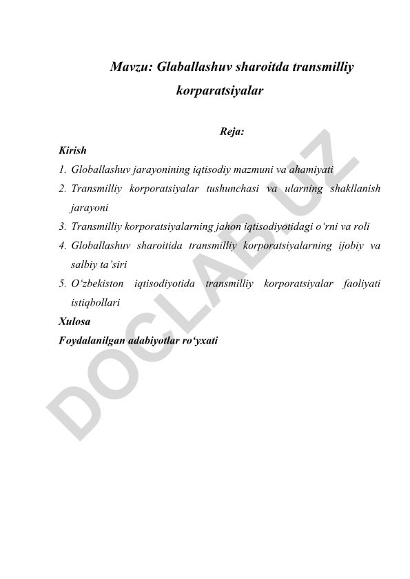 Glaballashuv sharoitda transmilliy korparatsiyalar