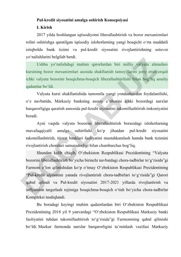 Pul-kredit siyosatini amalga oshirish Konsepsiyasi