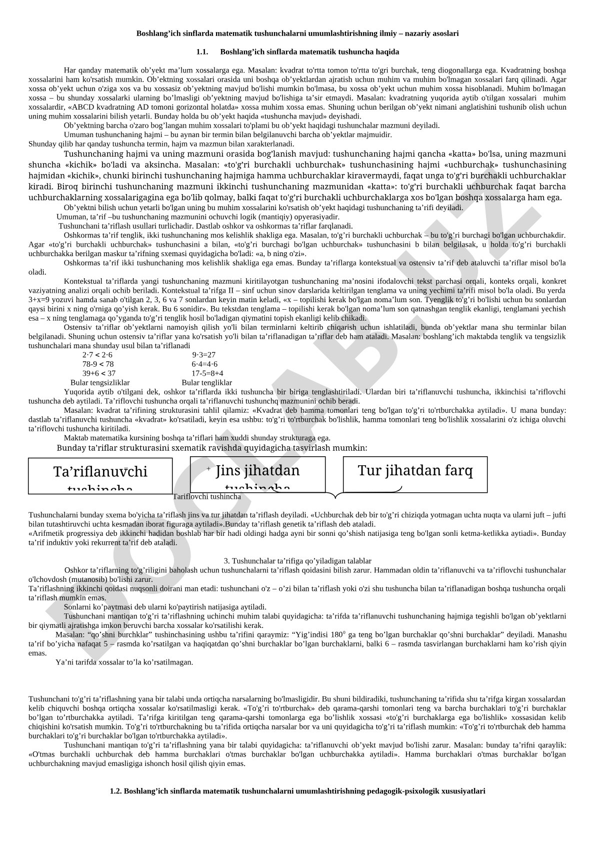 Boshlang'ich sinflarda matematik tushunchalarni umumlashtirishning ilmiy-nazariy asoslari