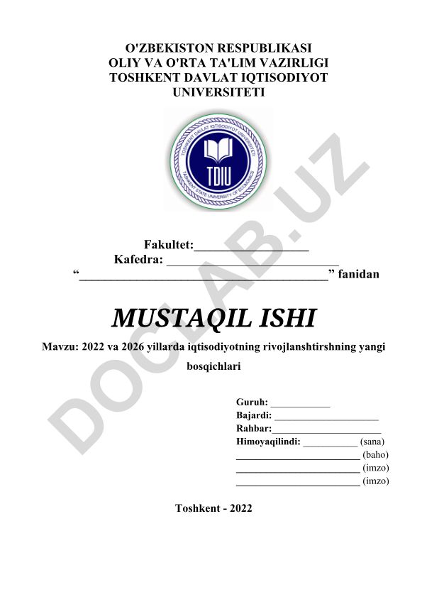 2022 va 2026 yillarda iqtisodiyotning rivojlanshtirshning yangi bosqichlari