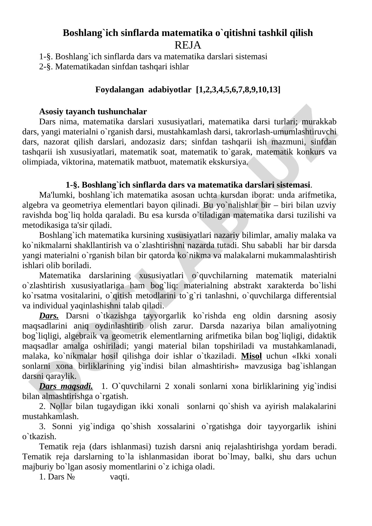 Boshlang'ich sinflarda matematika o'qitishni tashkil qilish