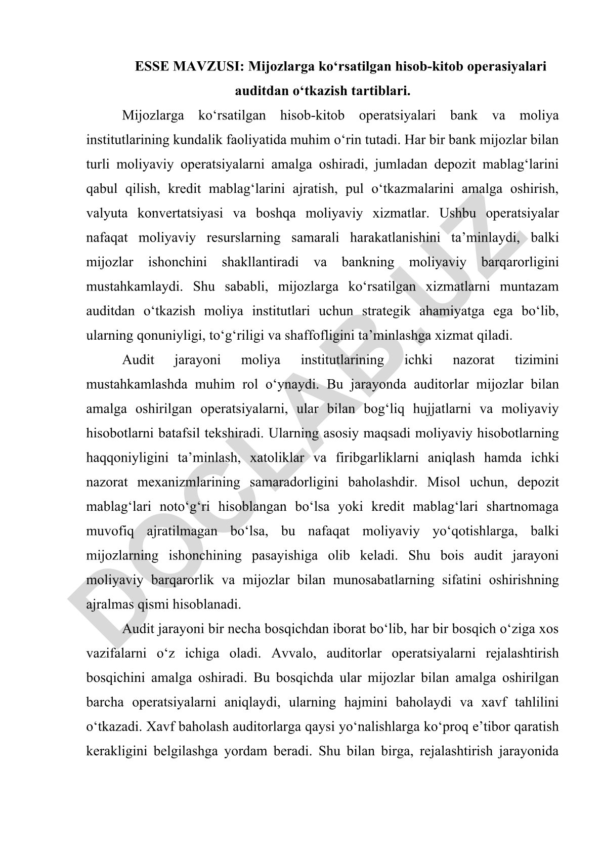 Mijozlarga ko‘rsatilgan hisob-kitob operatsiyalarini auditdan o‘tkazish tartiblari