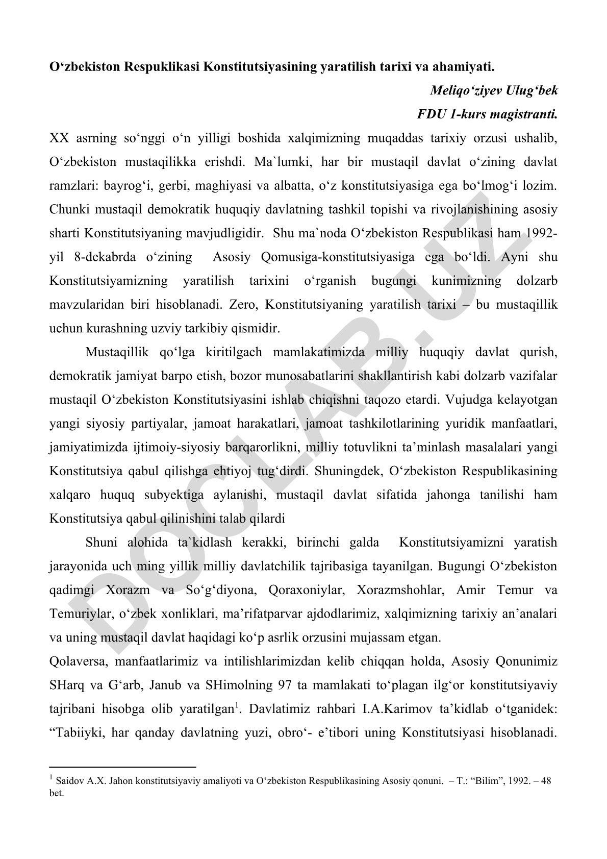 O‘zbekiston Respublikasi Konstitutsiyasining yaratilish tarixi va ahamiyati