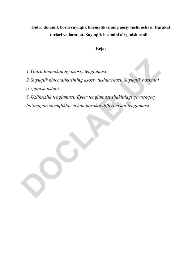 Gidrodinamika va suyuqlik kinematikasining asosiy tushunchalari