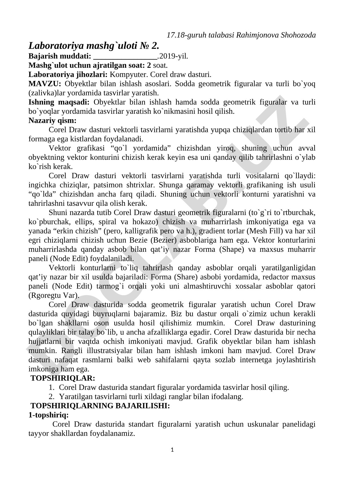 Obyektlar bilan ishlash asoslari. Sodda geometrik figuralar va turli bo'yoqlar yordamida tasvirlar yaratish