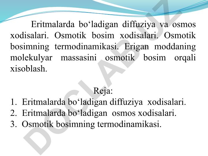 Eritmalarda diffuziya va osmos xodisalari