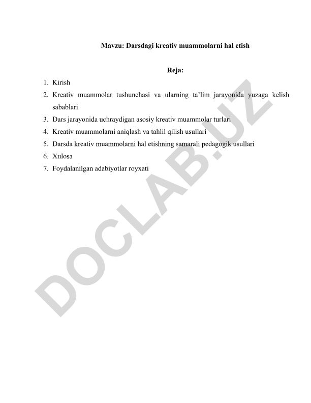 Darsdagi kreativ muammolarni hal etish