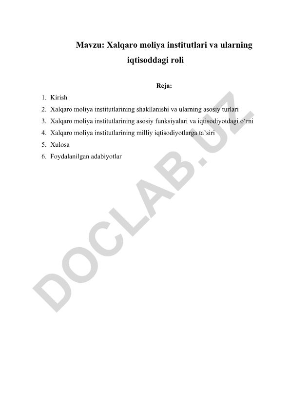 Xalqaro moliya institutlari va ularning iqtisoddagi roli