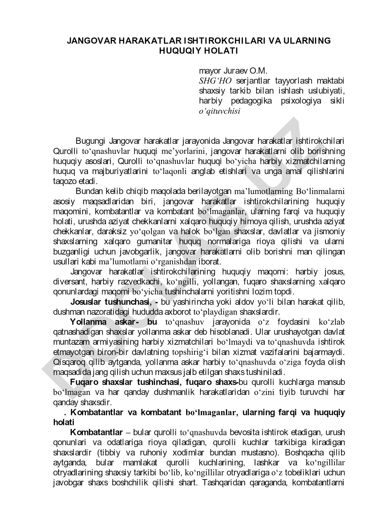 Jangovar harakatlar ishtirokchilari va ularning huquqiy holati