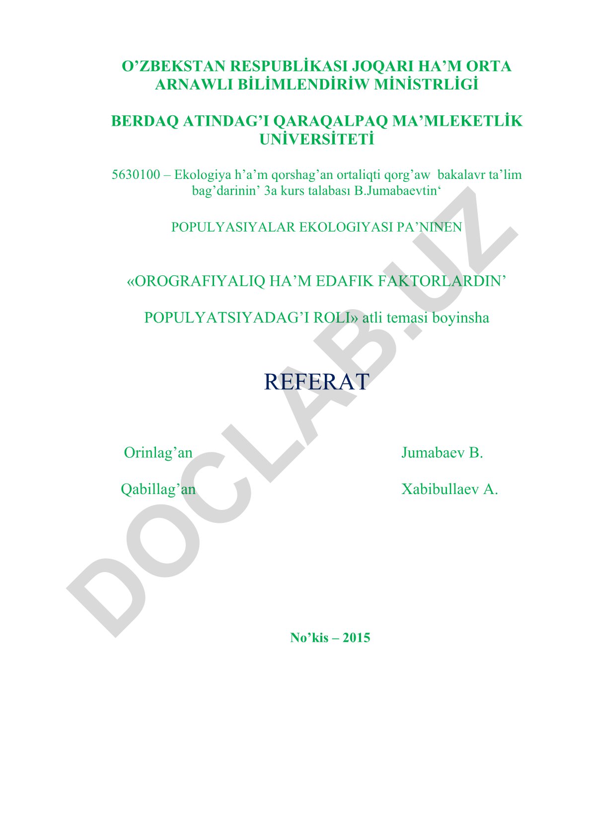 Orografiyaliq ha'm edafik faktorlardin' populyatsiyadagi roli