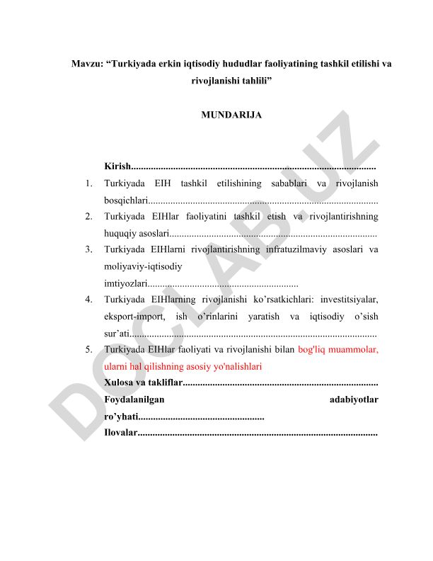 Turkiyada erkin iqtisodiy hududlar faoliyatining tashkil etilishi va rivojlanishi tahlili