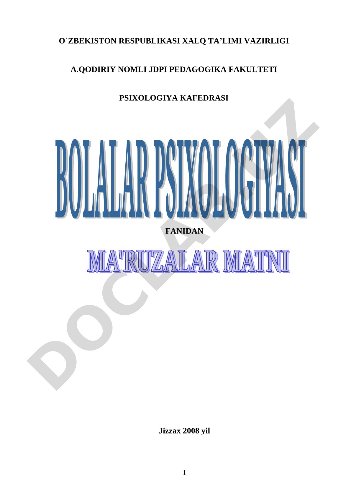 Bolalar psixologiyasi fanidan ma'ruza matnlari