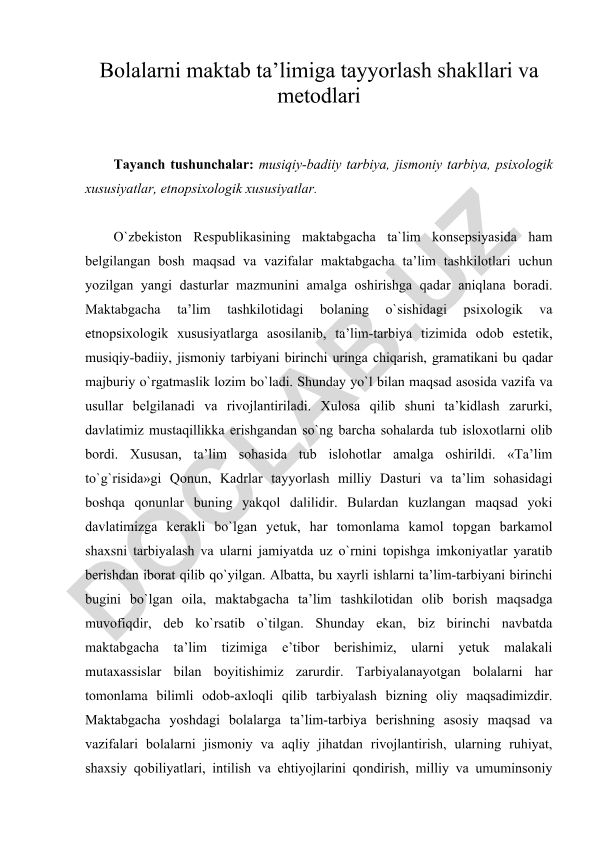 Bolalarni maktab ta'limiga tayyorlash shakllari va metodlari