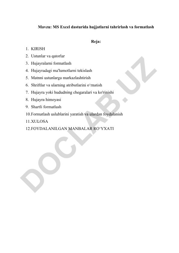MS Excel dasturida hujjatlarni tahrirlash va formatlash