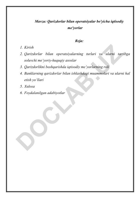 Qarizdorlar bilan operatsiyalar bo'yicha iqtisodiy me'yorlar
