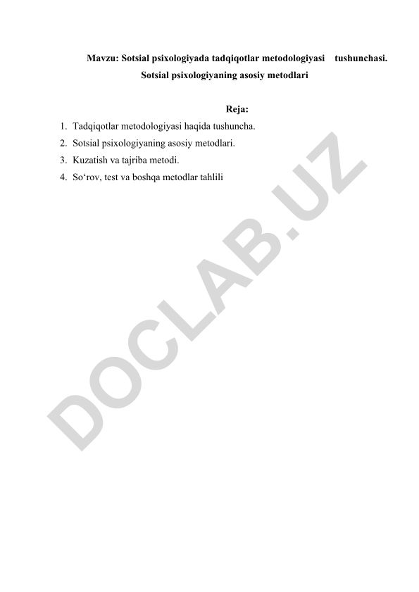 Sotsial psixologiyada tadqiqotlar metodologiyasi tushunchasi va asosiy metodlar