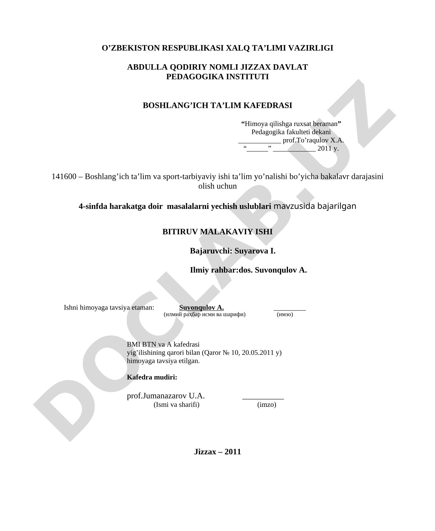 4-sinfda harakatga doir masalalarni yechish uslublari