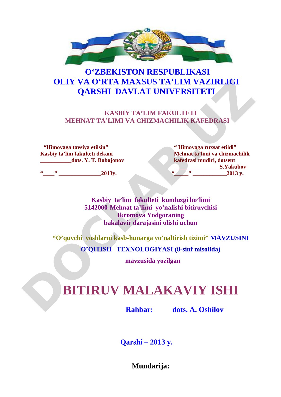 O'quvchi yoshlarni kasb-hunarga yo'naltirish tizimi (8-sinf misolida)