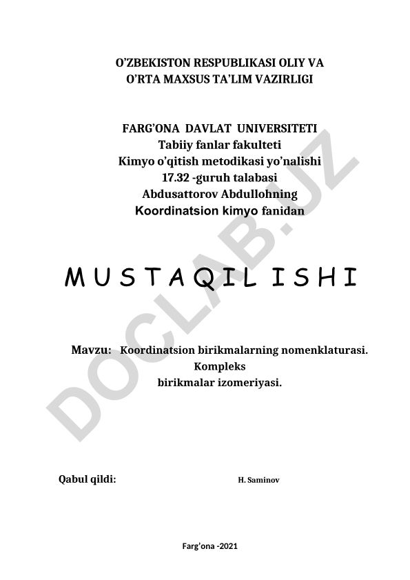 Koordinatsion birikmalarning nomenklaturasi. Kompleks birikmalar izomeriyasi