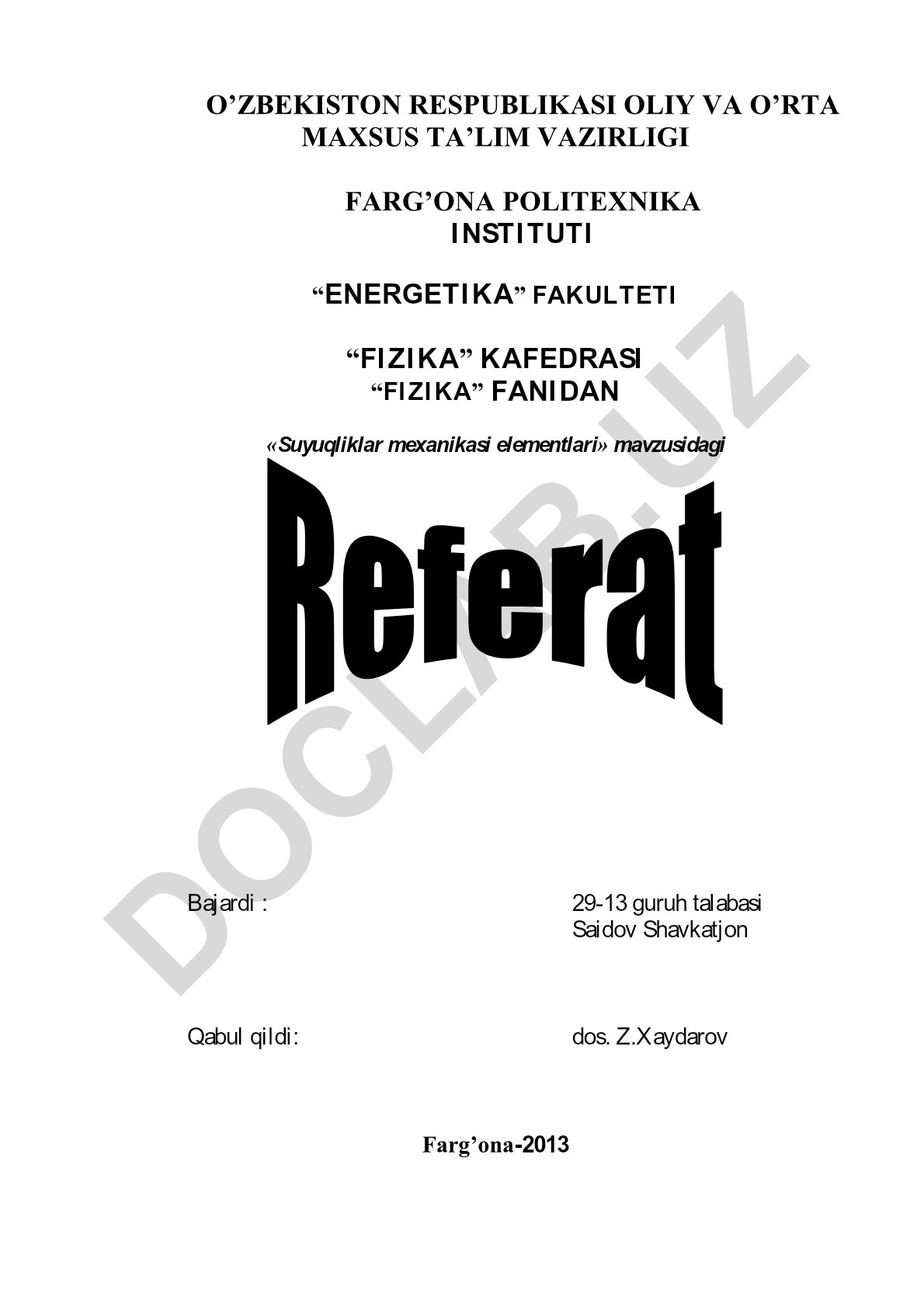 Suyuqliklar mexanikasi elementlari