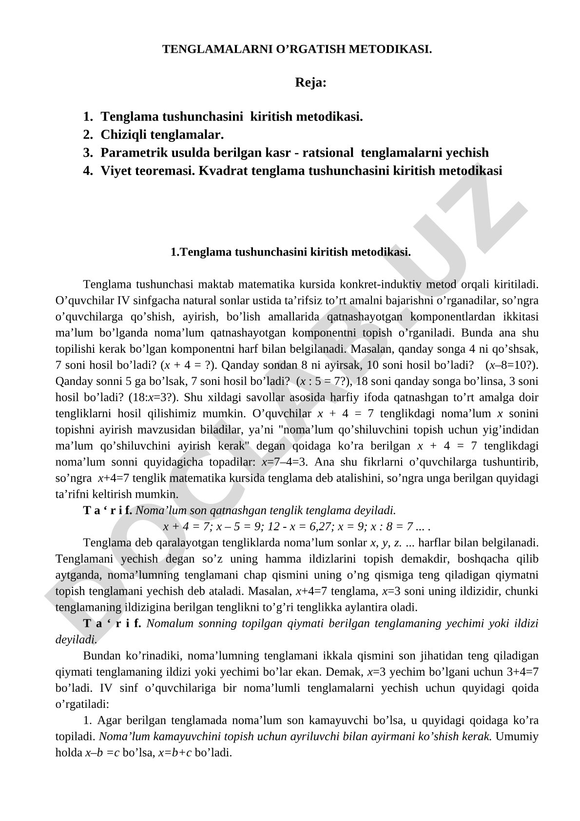 Tenglamalarni o'rgatish metodikasi