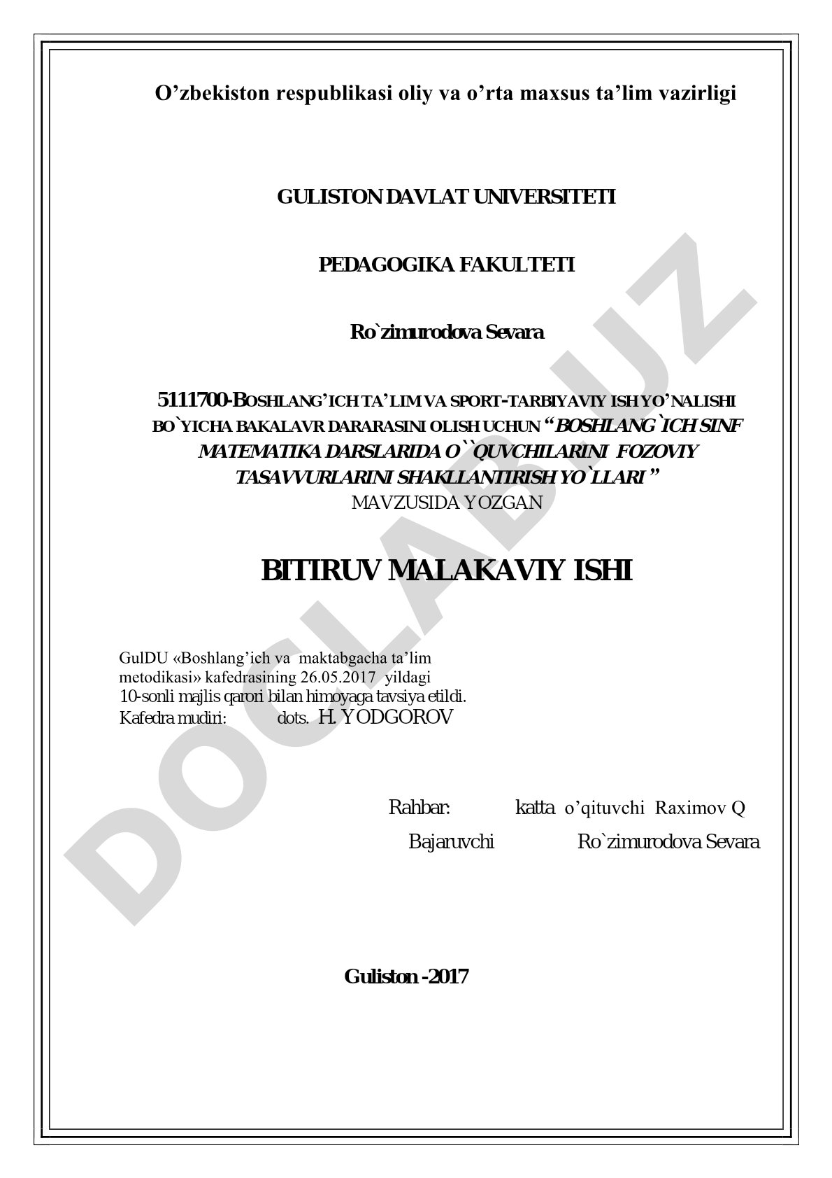 Boshlang'ich sinf matematika darslarida o'quvchilarni fazoviy tasavvurlarini shakllantirish yo'llari