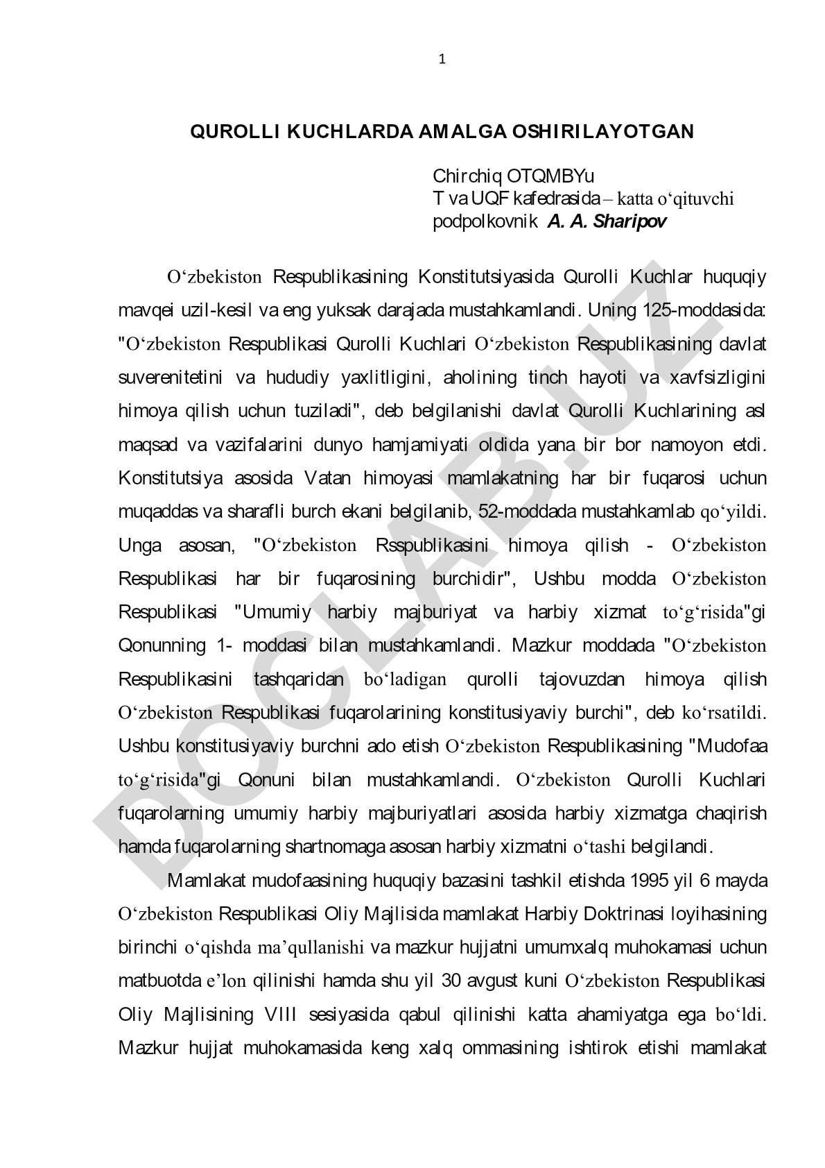 O'zbekiston Respublikasi Konstitutsiyasida Qurolli Kuchlar huquqiy mavqei