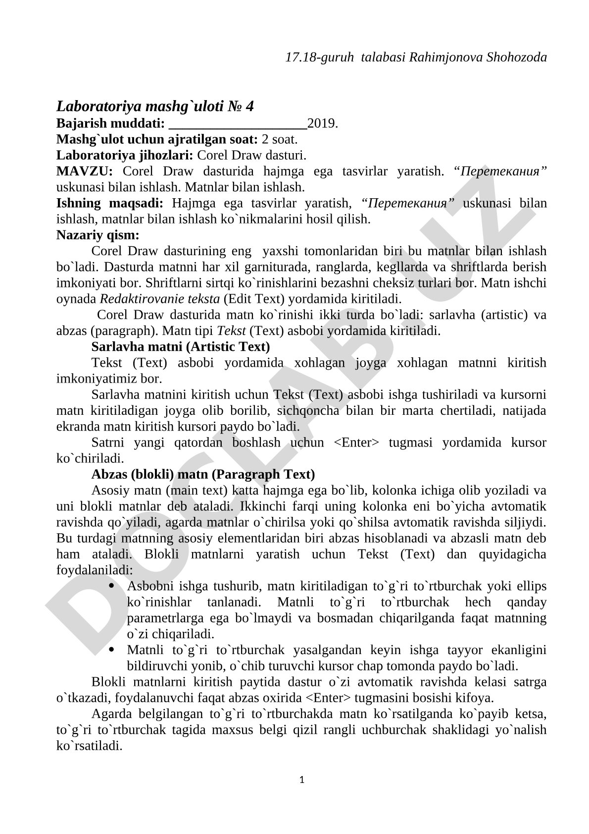 Corel Draw dasturida hajmga ega tasvirlar yaratish