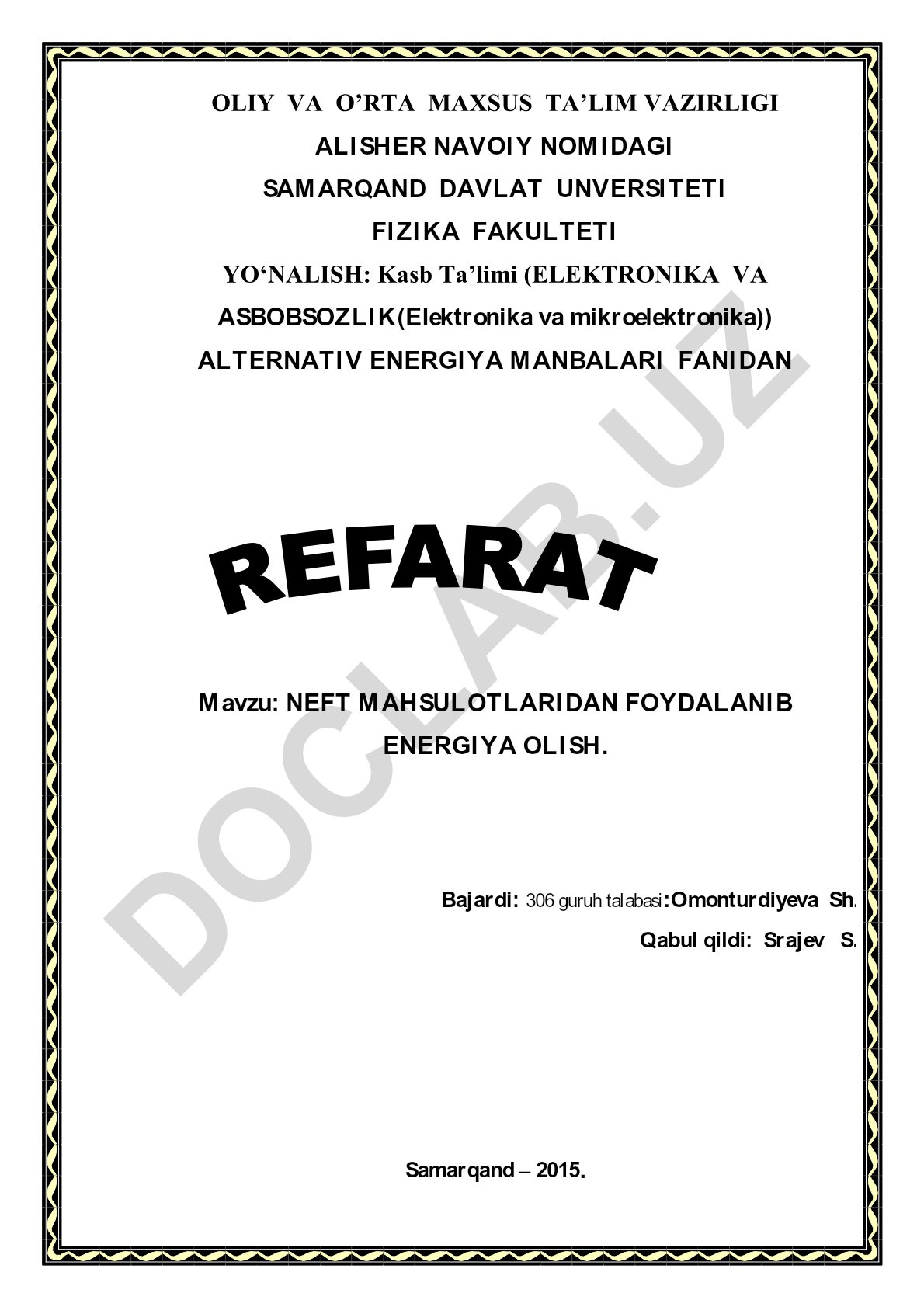 NEFT MAHSULOTLARIDAN FOYDALANIB ENERGIYA OLISH