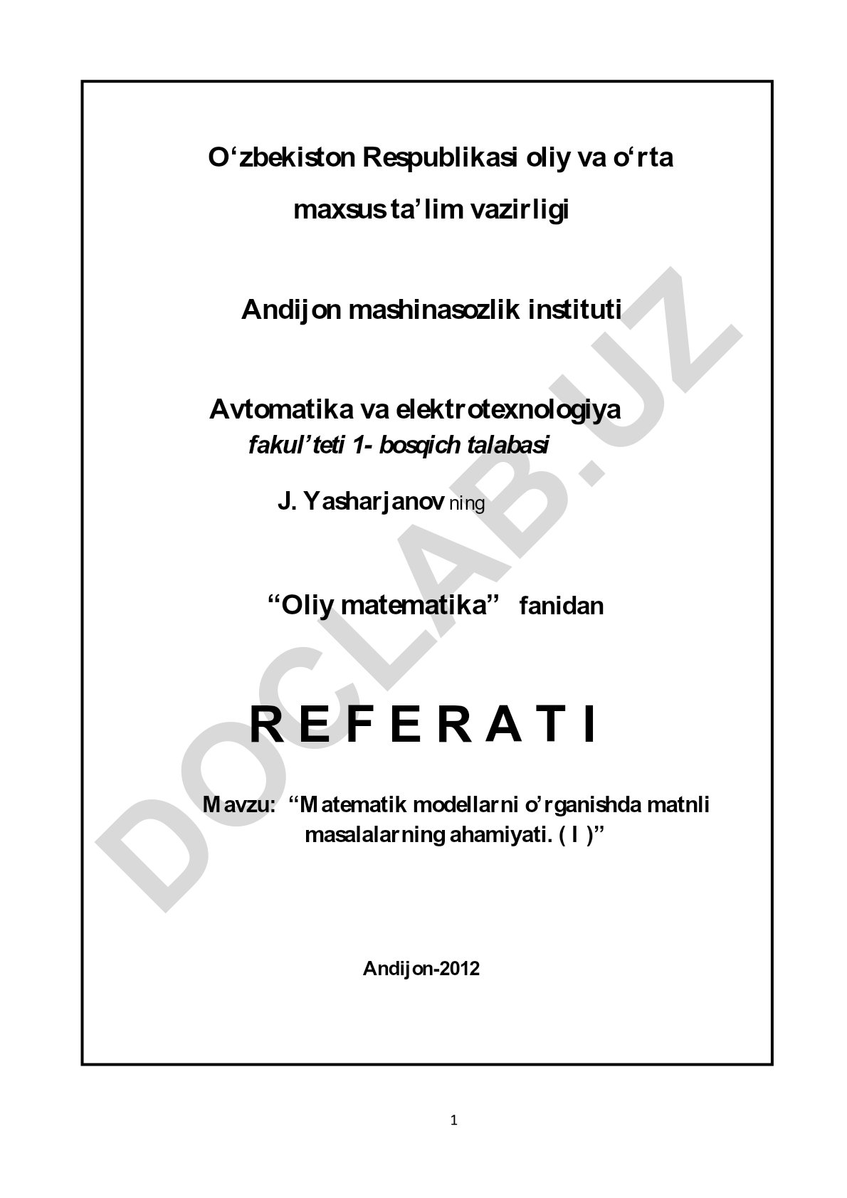 Matematik modellarni o'rganishda matnli masalalarning ahamiyati