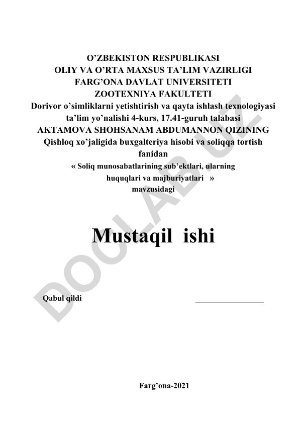 Soliq munosabatlarining sub'ektlari, ularning huquqlari va majburiyatlari