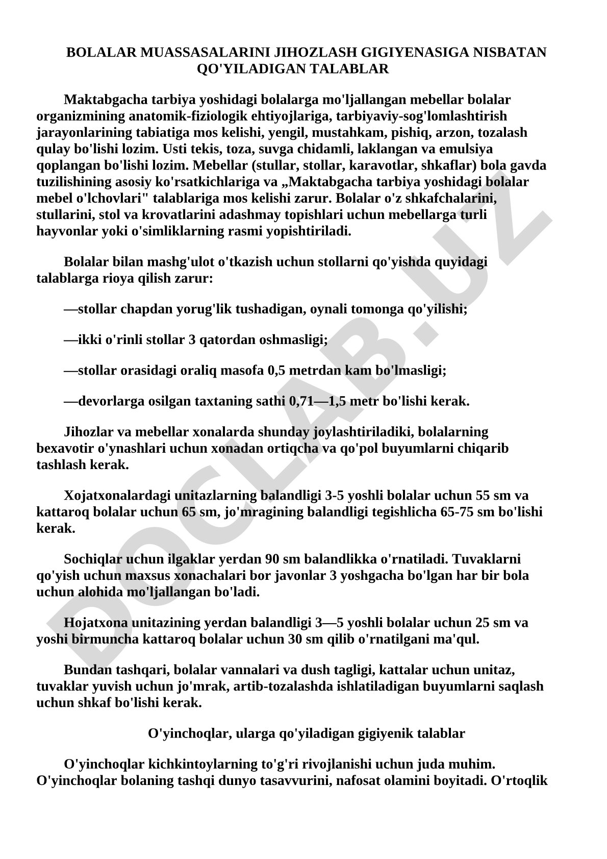 Bolalar muassasalarini jihozlash gigiyenasiga nisbatan qo'yiladigan talablar