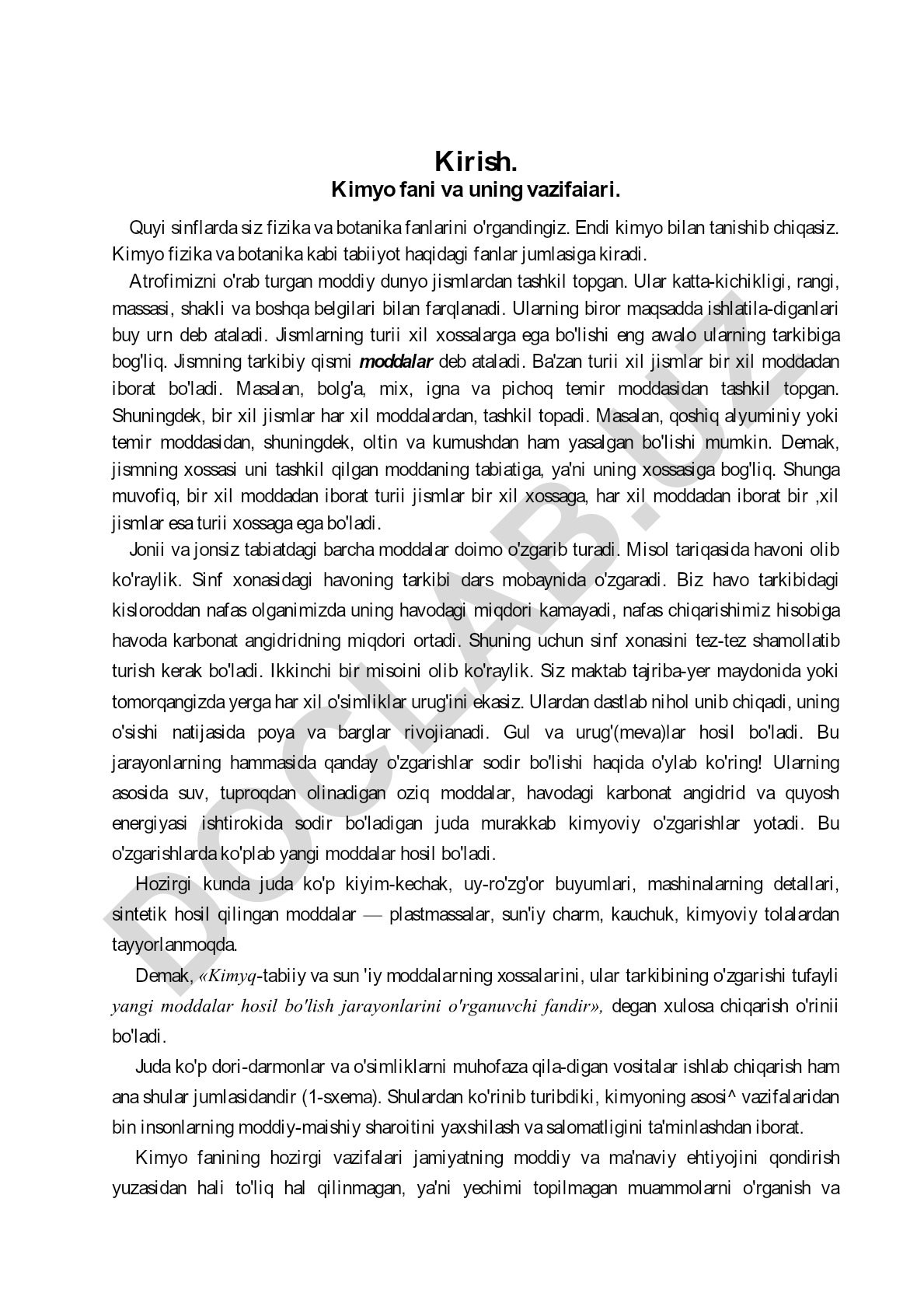 Kimyo fanining kirish qismi va moddalar haqida