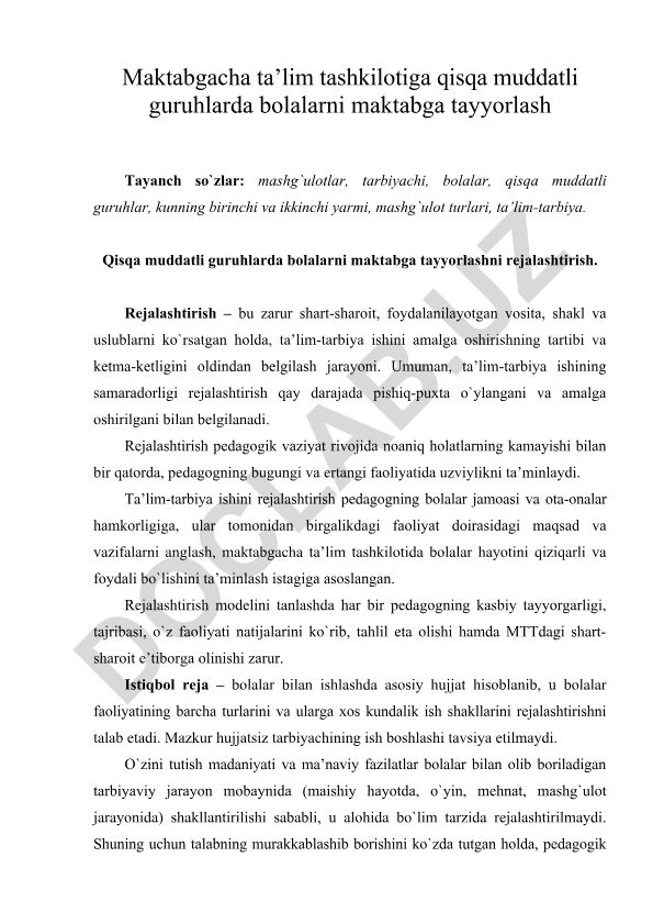 Qisqa muddatli guruhlarda bolalarni maktabga tayyorlashni rejalashtirish