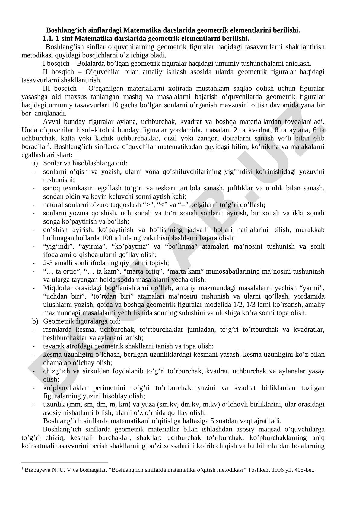 Boshlang'ich sinflardagi Matematika darslarida geometrik elementlarini berilishi