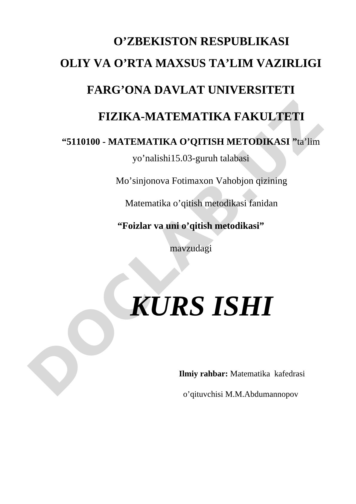 Foizlar va uni o'qitish metodikasi