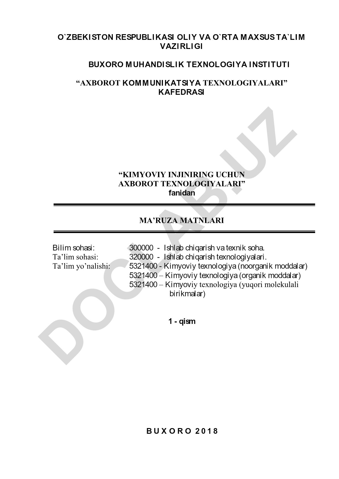 Kimyoviy injiniring uchun axborot texnologiyalari fanidan ma'ruza matnlari