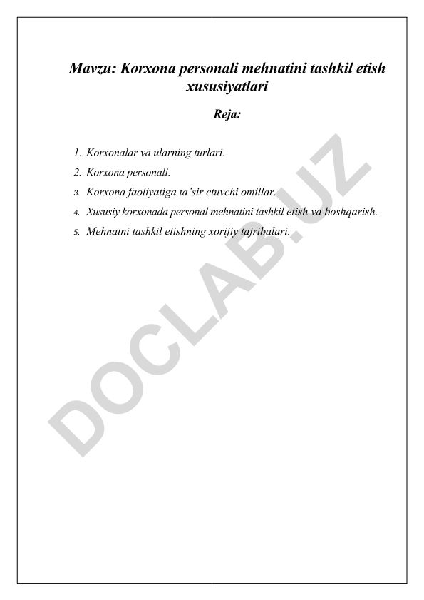 Korxona personali mehnatini tashkil etish xususiyatlari