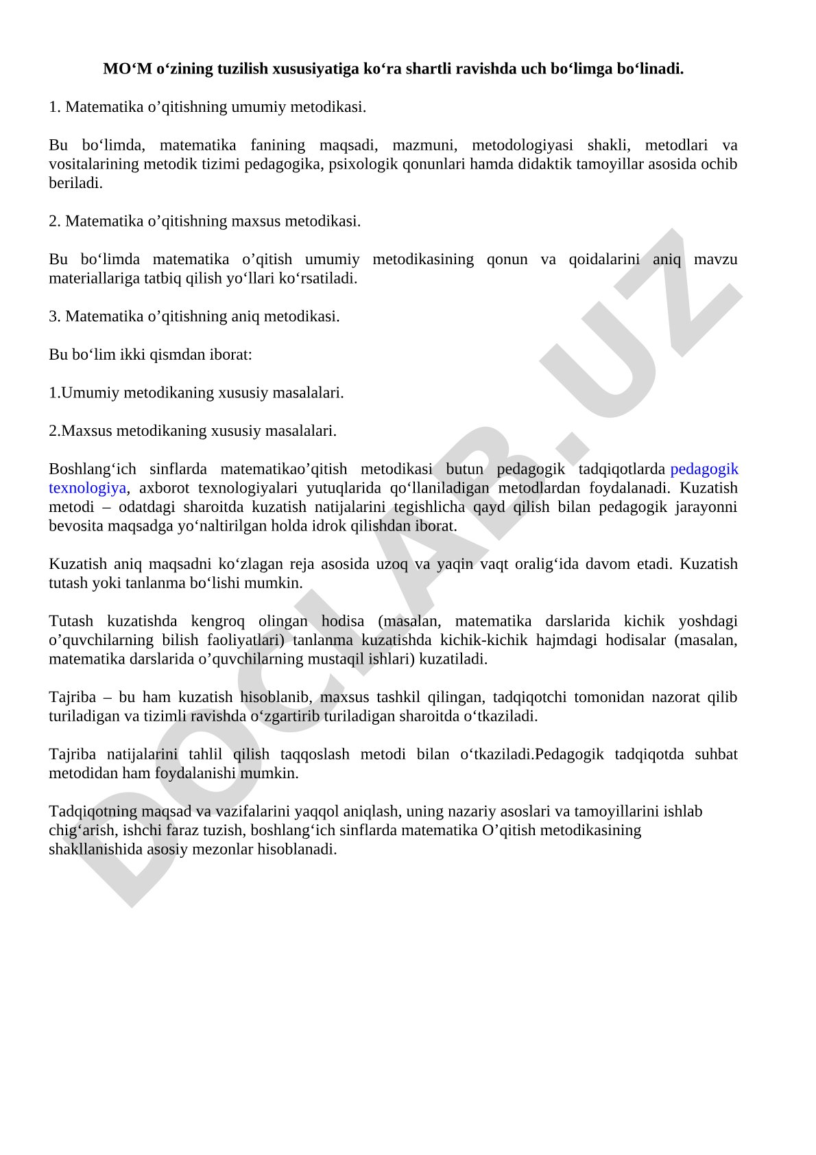 Matematika o'qitish metodikasi bo'limlari