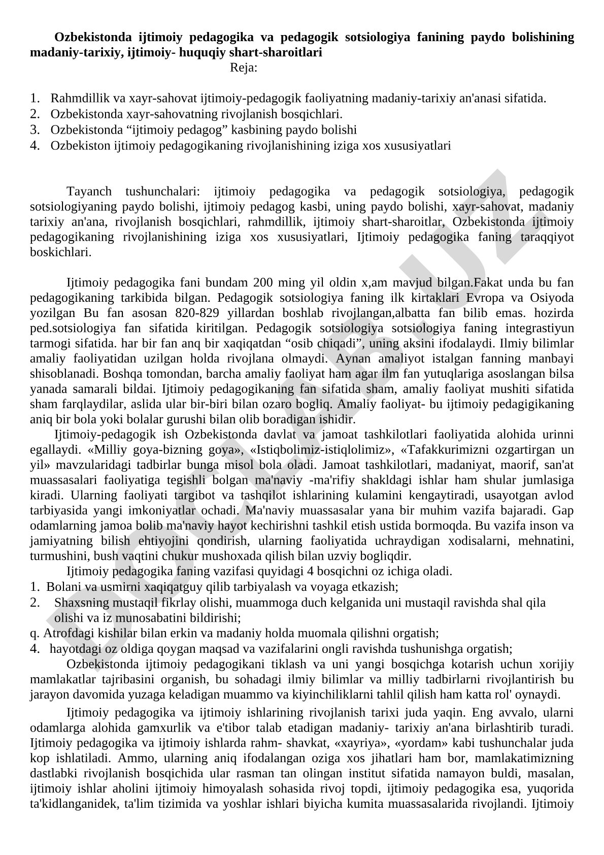 O'zbekistonda ijtimoiy pedagogika va pedagogik sotsiologiya fanining paydo bo'lishining madaniy-tarixiy, ijtimoiy-huquqiy shart-sharoitlari
