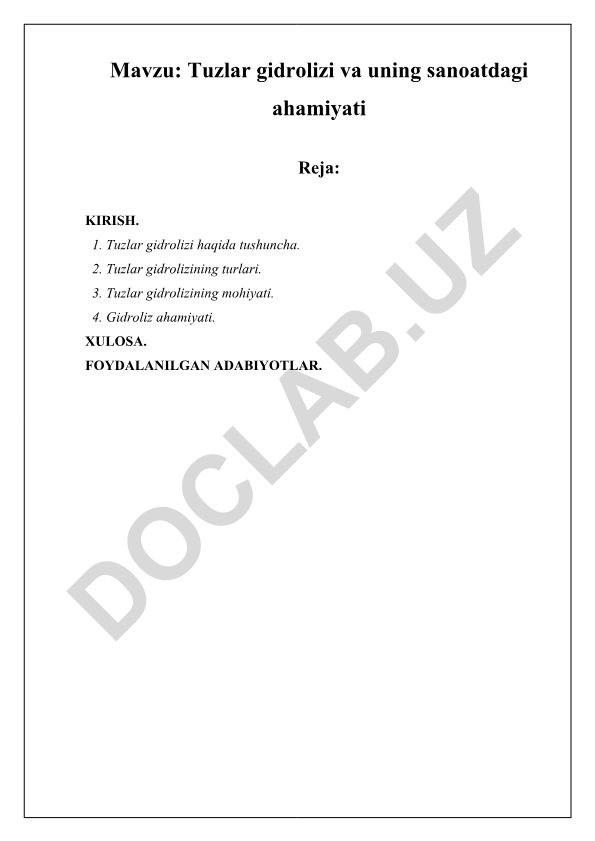 Tuzlar gidrolizi va uning sanoatdagi ahamiyati